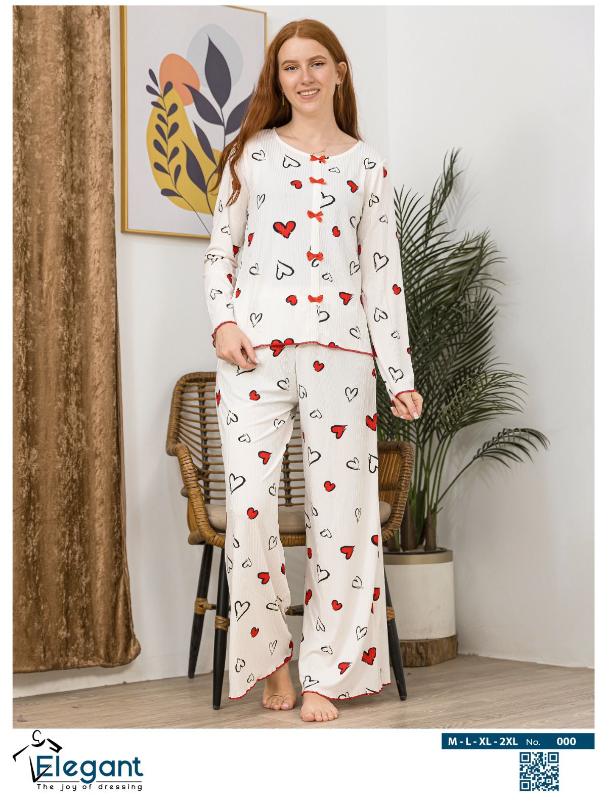 Rib Cotton Knot Front PJ Offwhite - Soft Hearts in Red