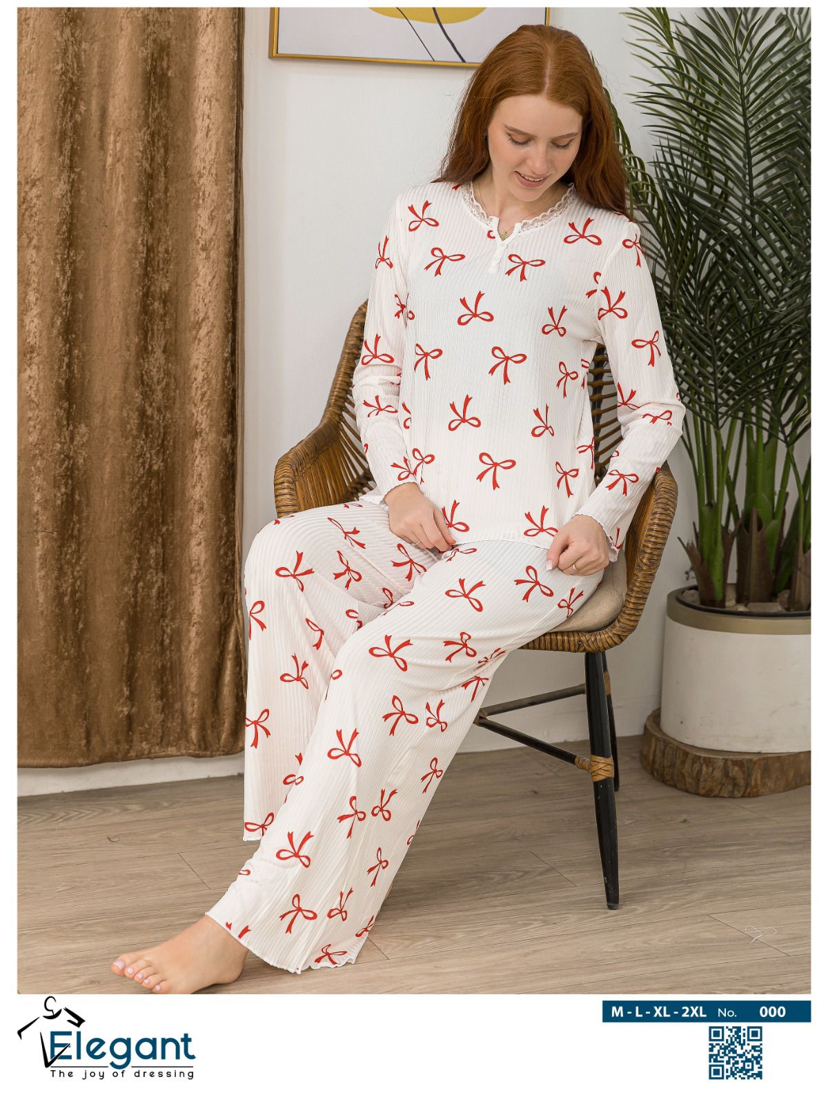Rib Cotton V Neck PJ - Charming Bow Offwhite