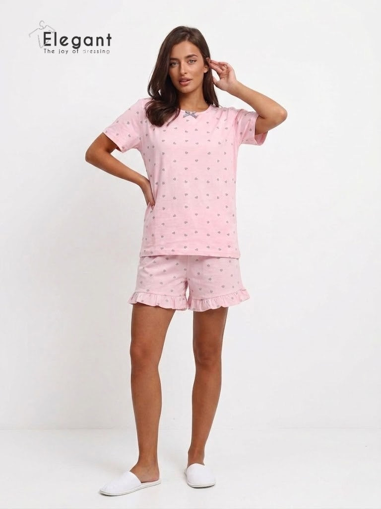 PJ Shorts Cotton Round Collar - Pink Heartbeat
