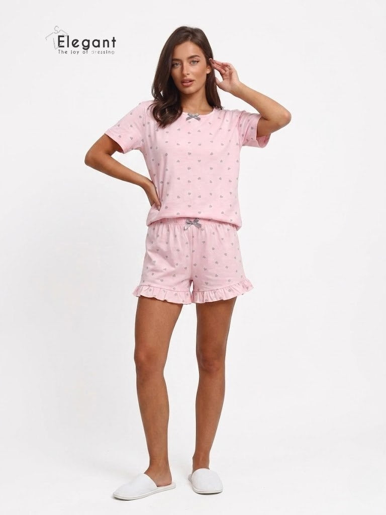 PJ Shorts Cotton Round Collar - Pink Heartbeat