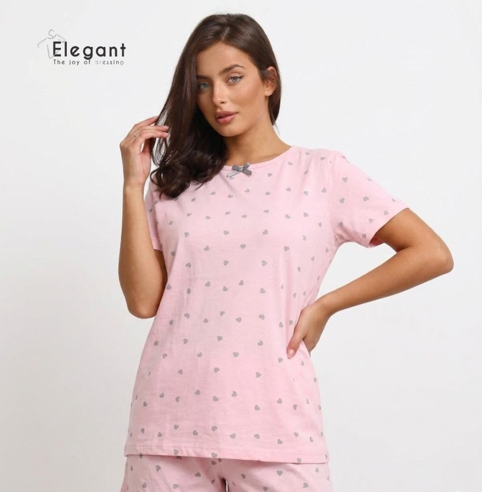 PJ Shorts Cotton Round Collar - Pink Heartbeat