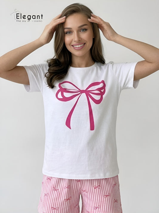 PJ Shorts Cotton - White Pink - Ribbon Bow