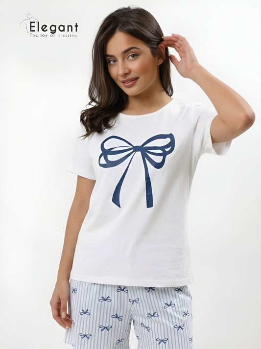 PJ Shorts Cotton - White Blue - Ribbon Bow