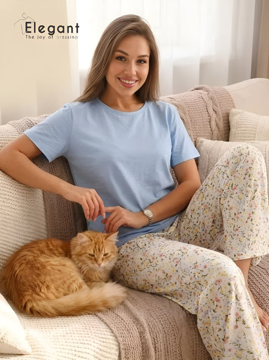 PJs Pants Cotton - Blue Spring Flori with Pant Pocket