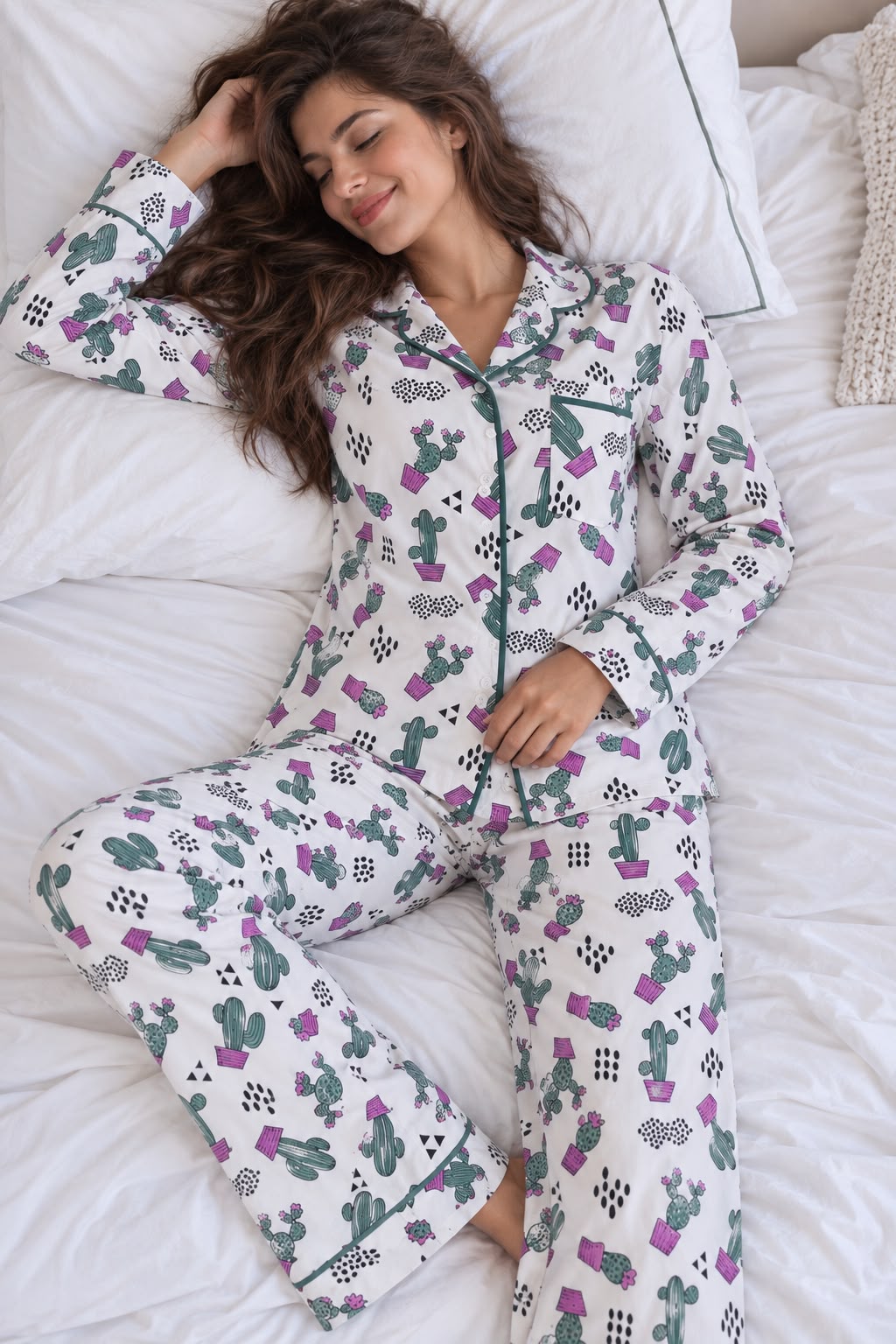 Cotton Long sleeves Wide Leg Classic PJ  - Spiky Happy Cactus