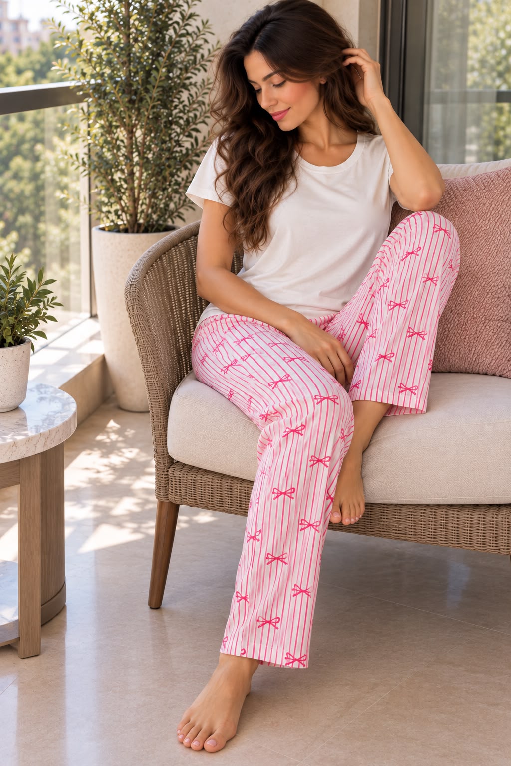 PJs Pants Cotton Basic - Offwhite Bow Pink