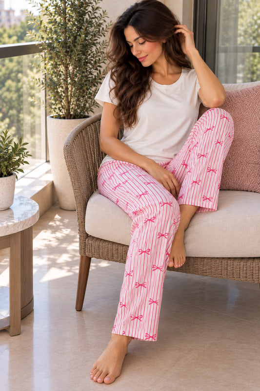 PJs Pants Cotton Basic - Offwhite Bow Pink