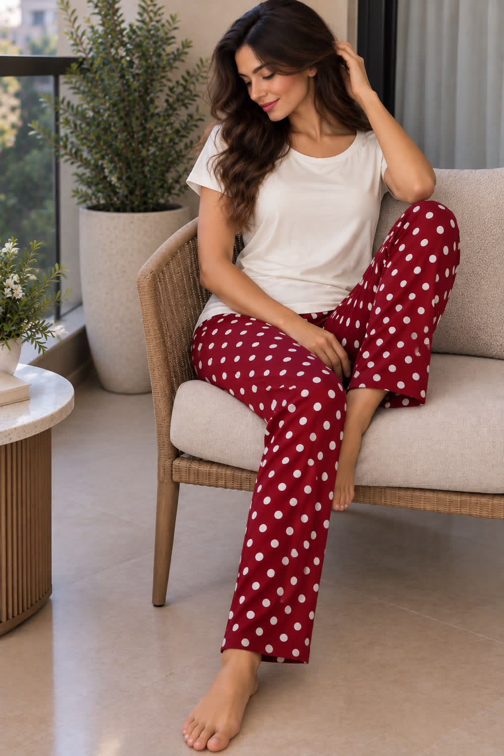PJs Pants Cotton Basic - Offwhite Burgundy Polka dots