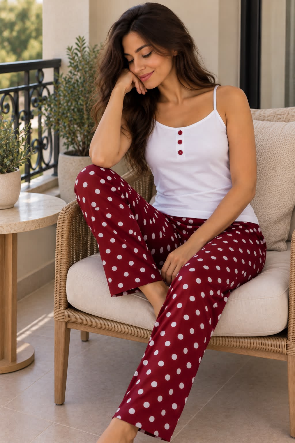 PJ Pants Cotton with straps - White Burgundy Polka dots