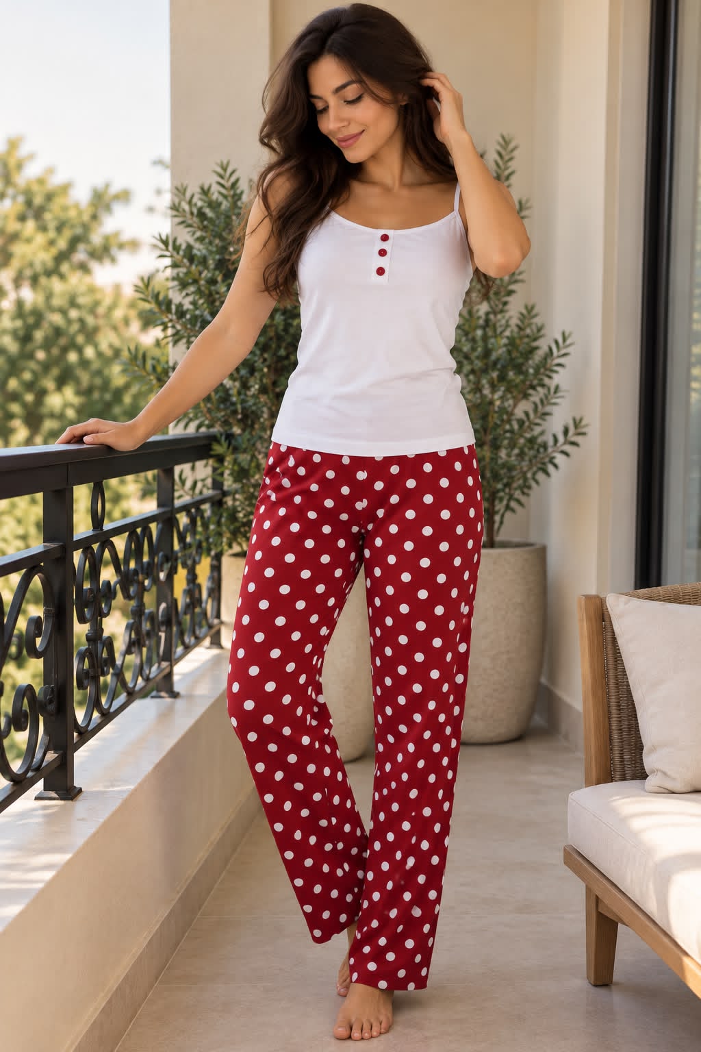 PJ Pants Cotton with straps - White Burgundy Polka dots