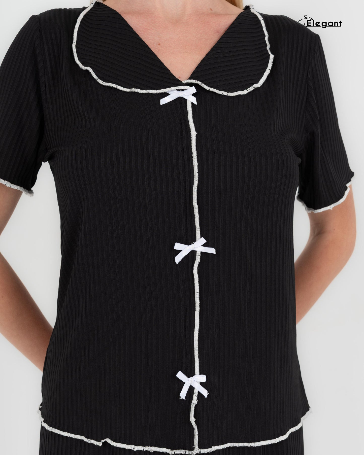 Ribbed PJ Shorts - Vintage Collar - Black