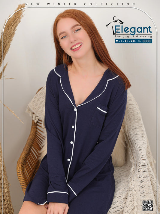 Autumn Cotton Classic Nightshirt - Navy