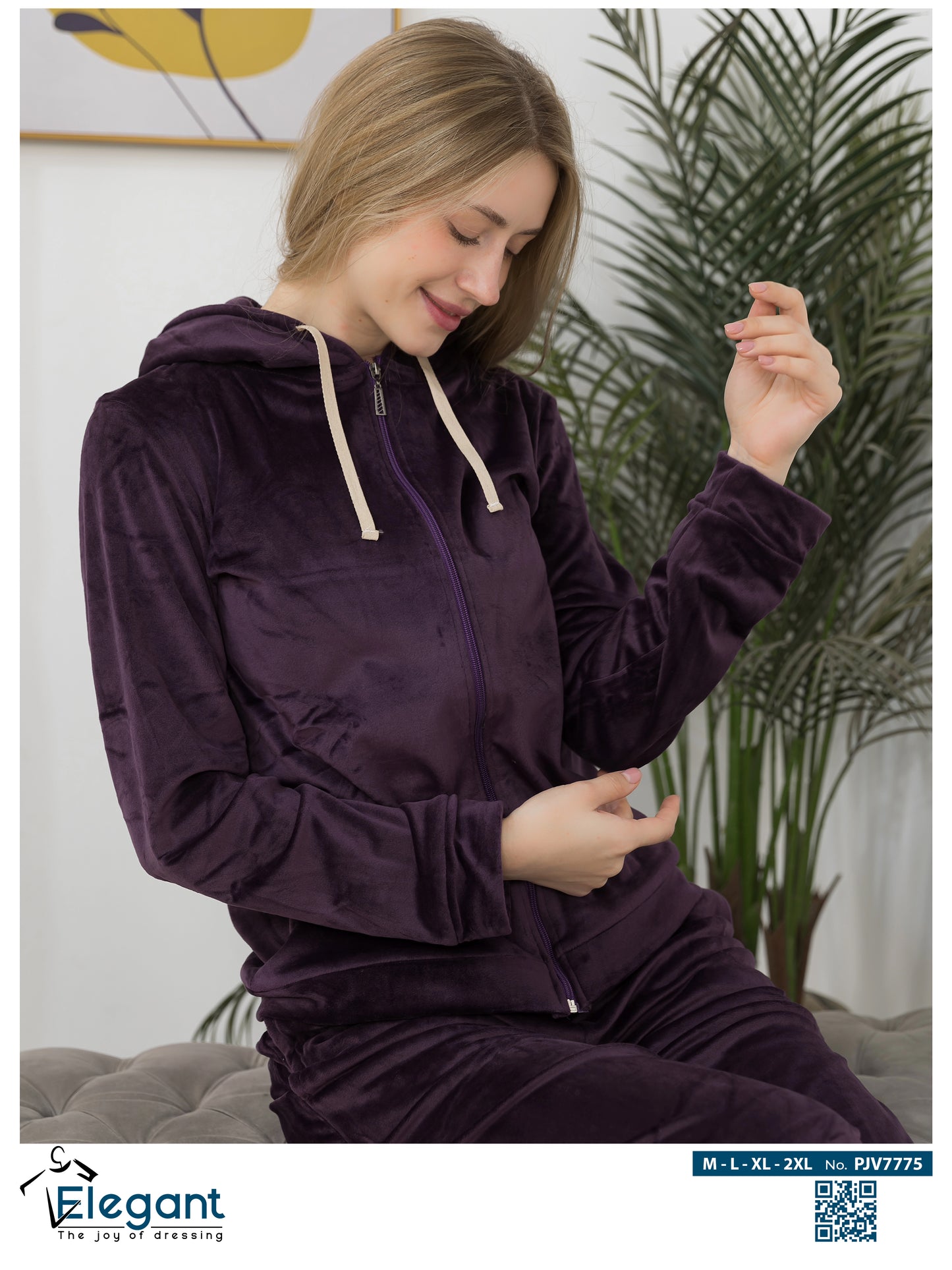 Velvet Zipper Wide Leg with Hood - Purple