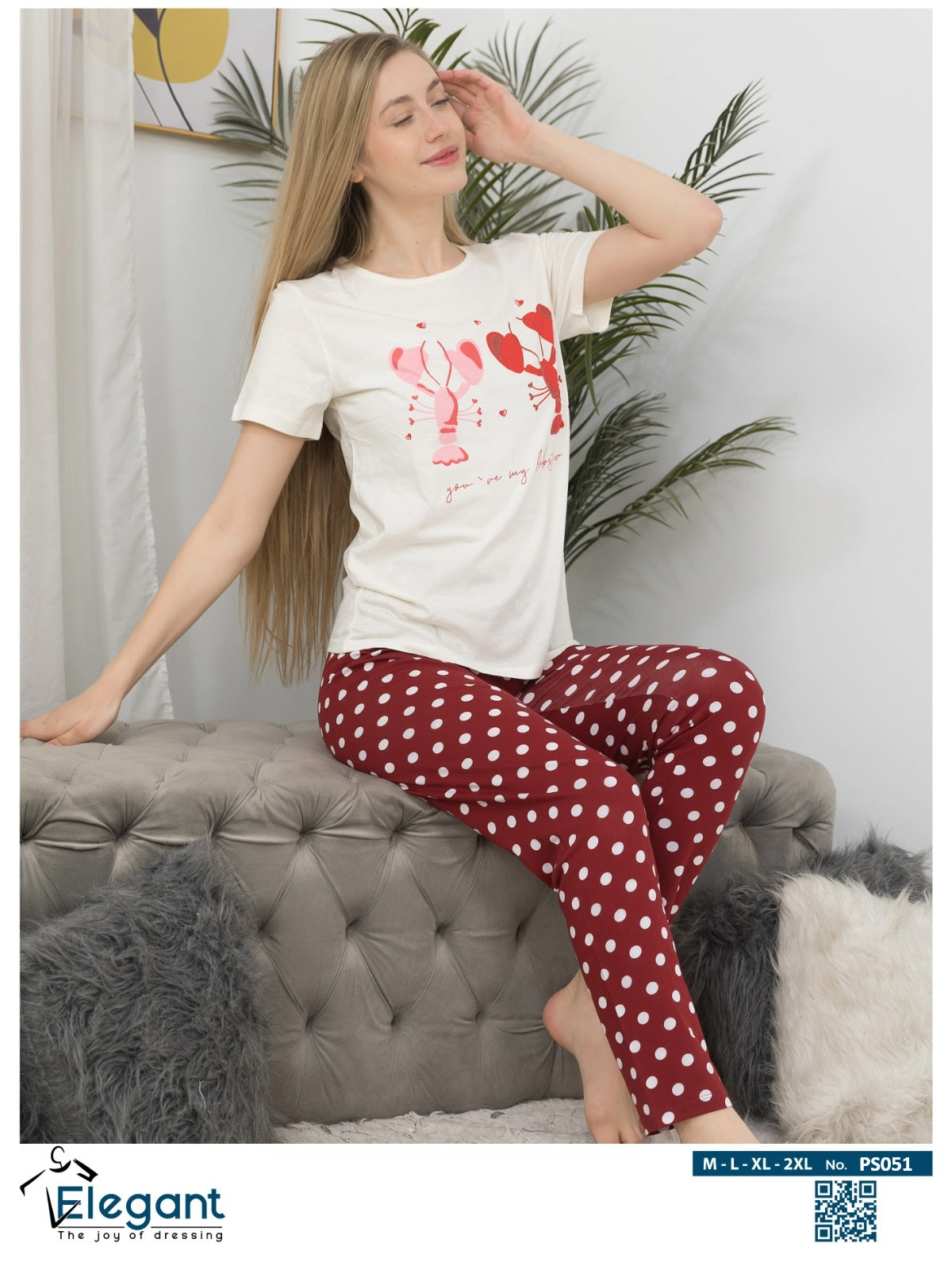 PJs Pants Cotton - Offwhite burgundy - you are my lobster