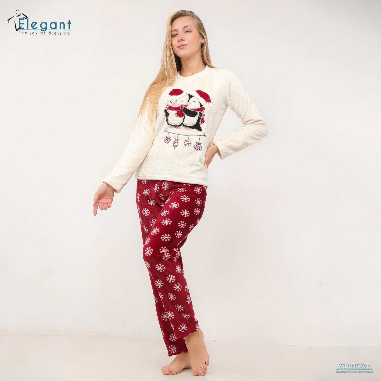 Polar PJ Offwhite/Printed Maroon Pant - Christmas Penguins