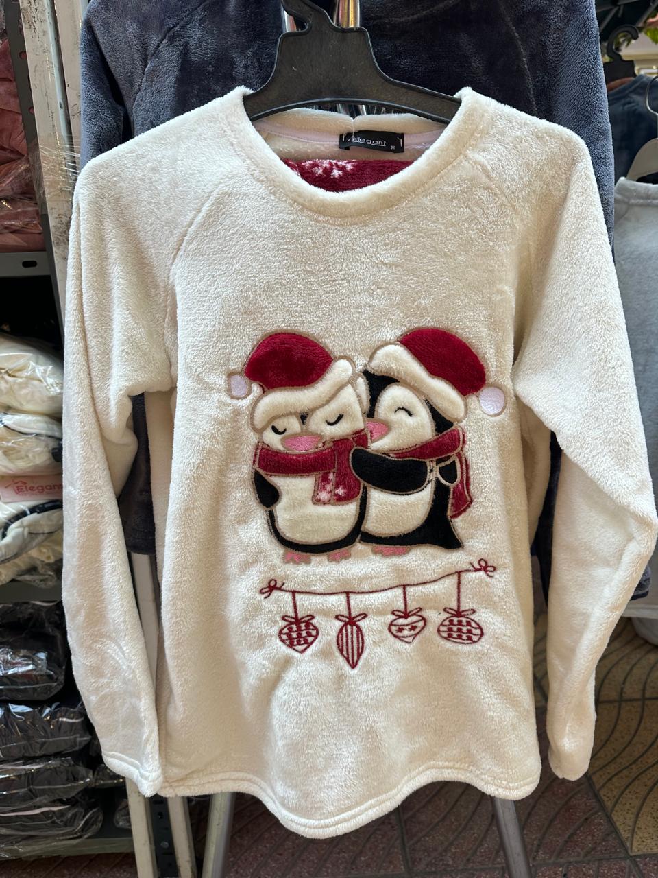 Polar PJ Offwhite/Printed Maroon Pant - Christmas Penguins