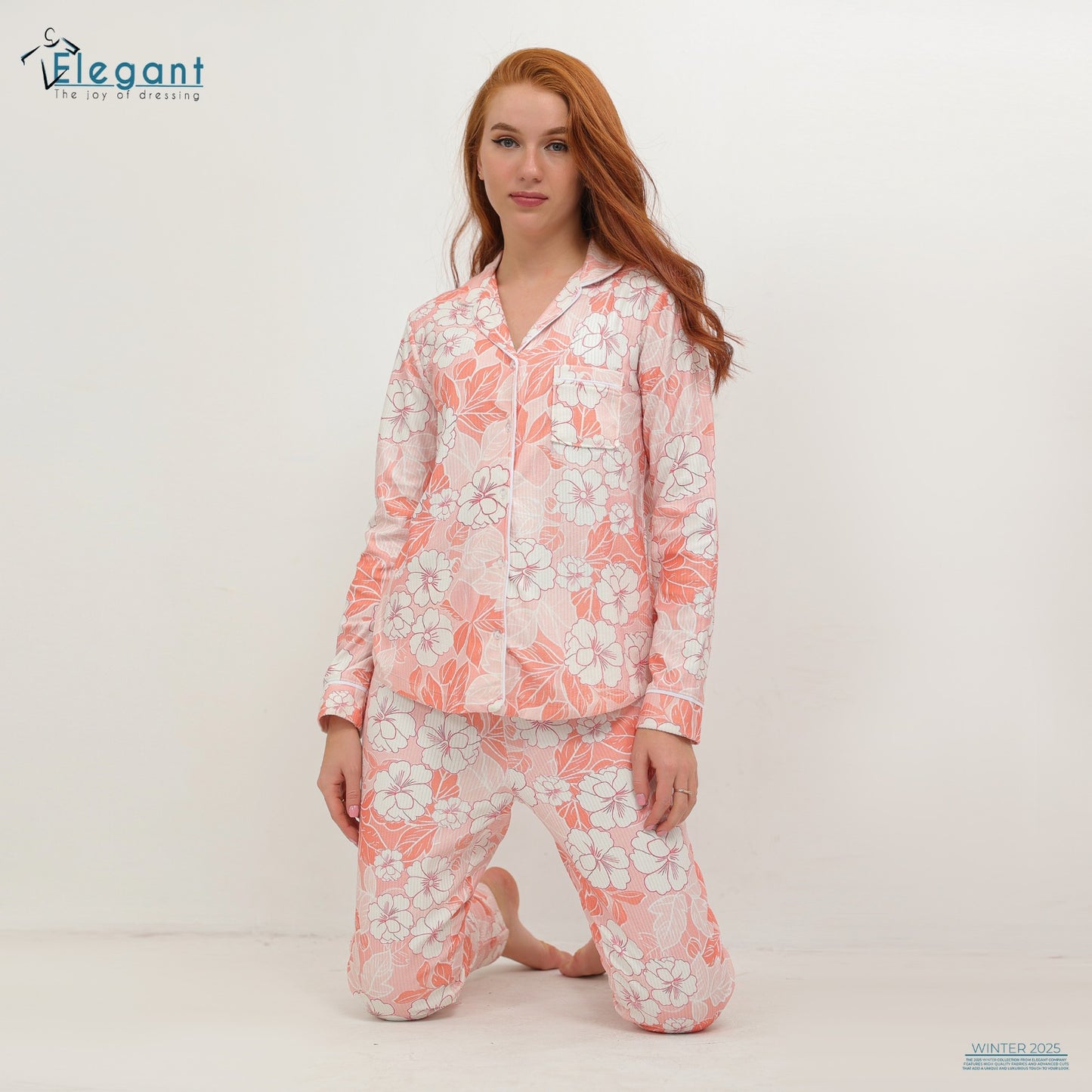 Ribbed Velvet Classic PJ Offwhite - Floral Orange