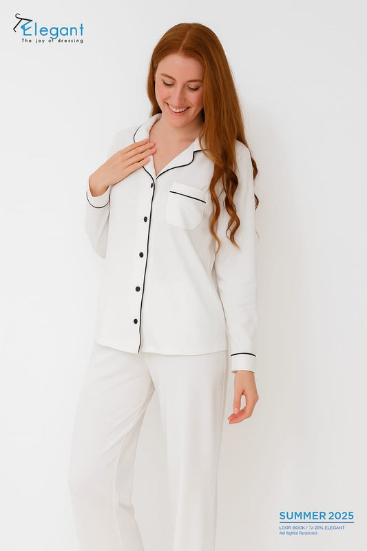 Soft Cotton Long sleeves Classic PJ Pants - White