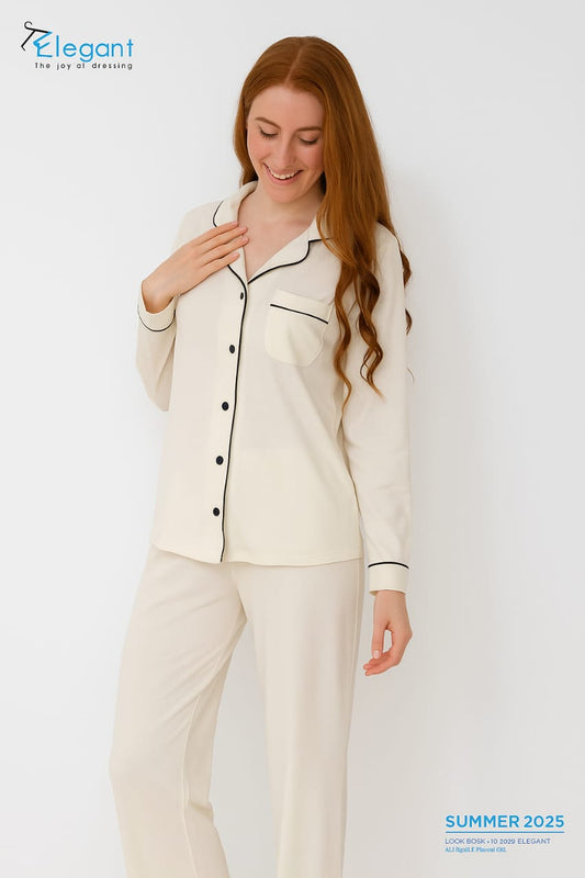 Soft cotton Long sleeves Classic PJ Pants - Offwhite