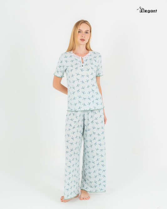 Ribbed V Neck PJ - Powder Blue Bow