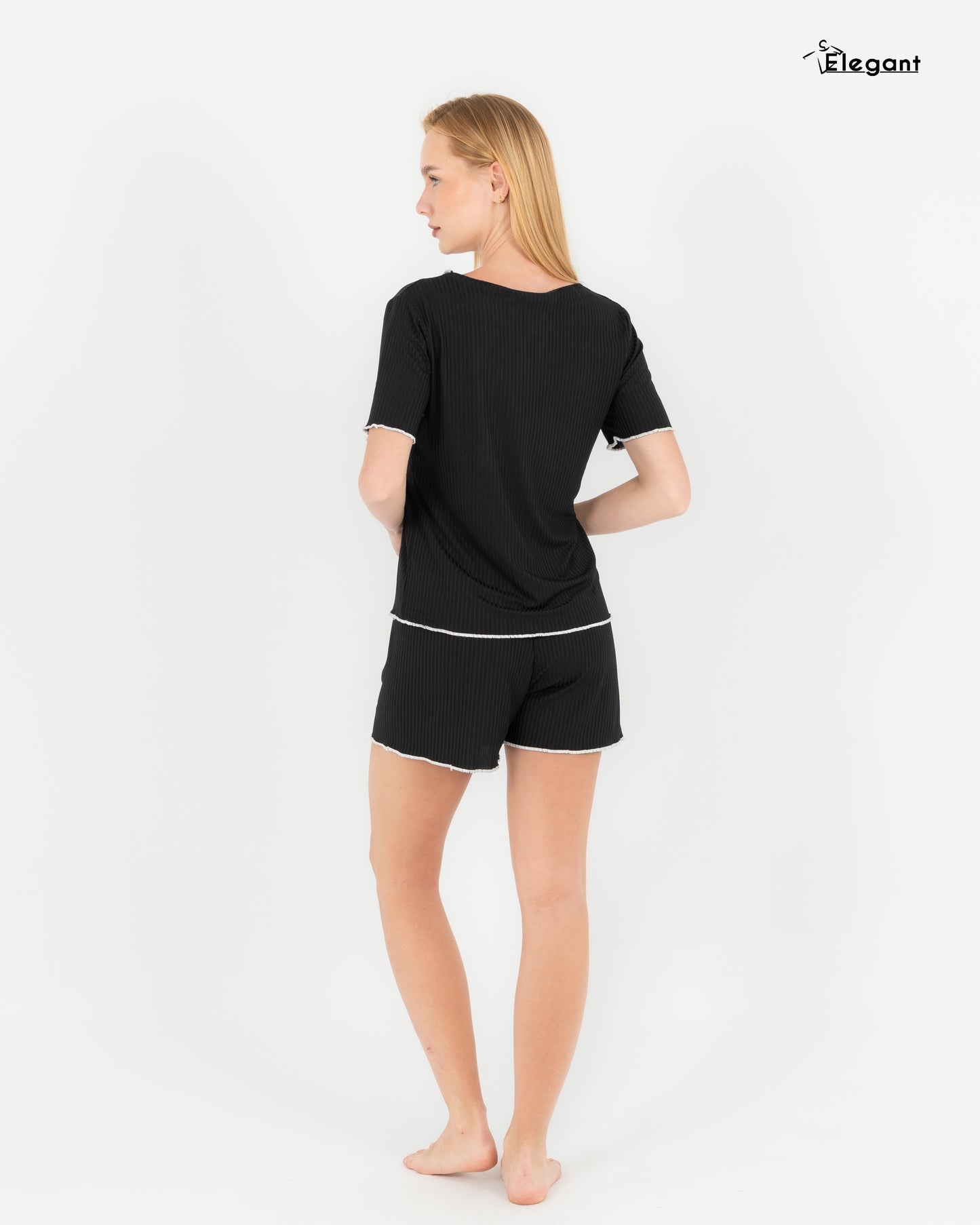 Ribbed PJ Shorts - Vintage Collar - Black