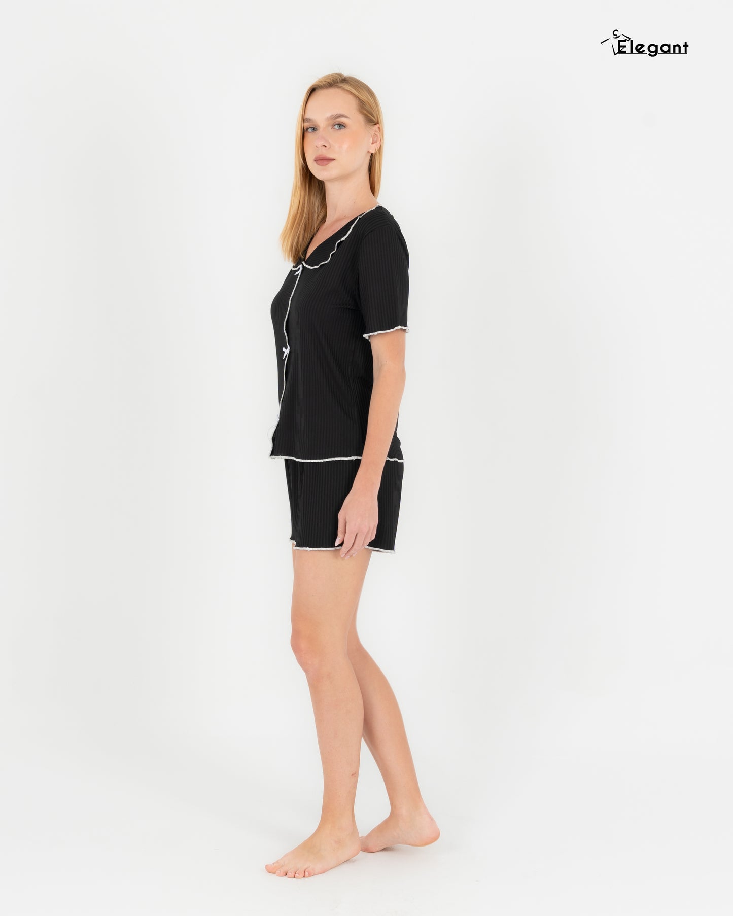 Ribbed PJ Shorts - Vintage Collar - Black