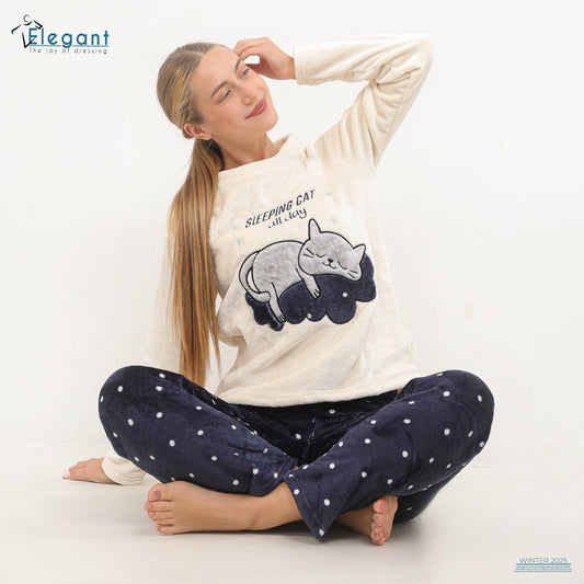 Polar PJ Offwhite/Navy dots - Sleeping Cat