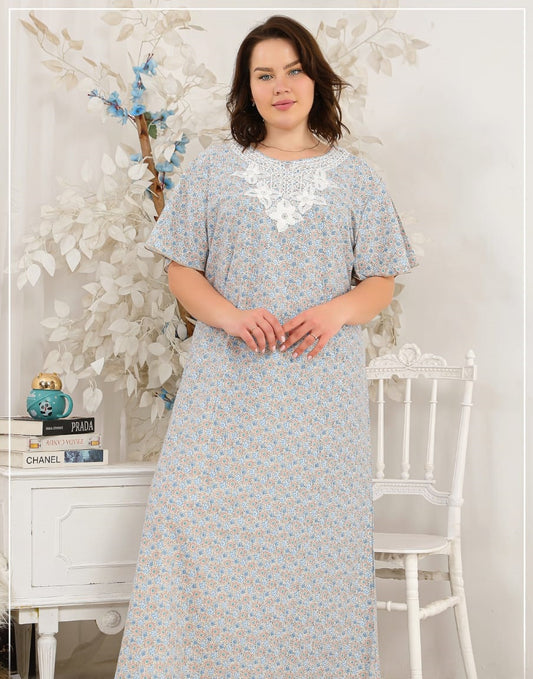 BIG SIZE - Maxi Galabeya multicolor blue with Macrame