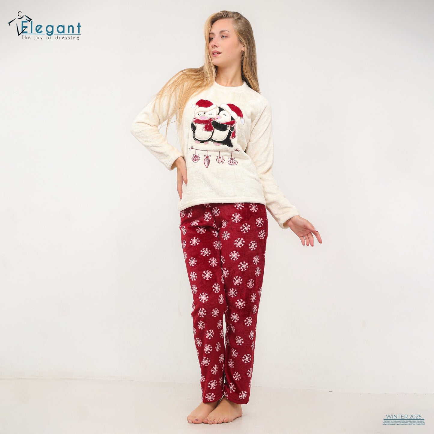 Polar PJ Offwhite/Printed Maroon Pant - Christmas Penguins