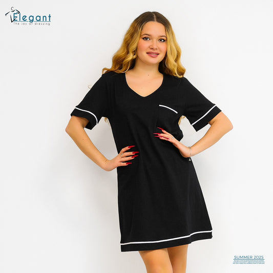 Nightshirt cotton with piping - Black