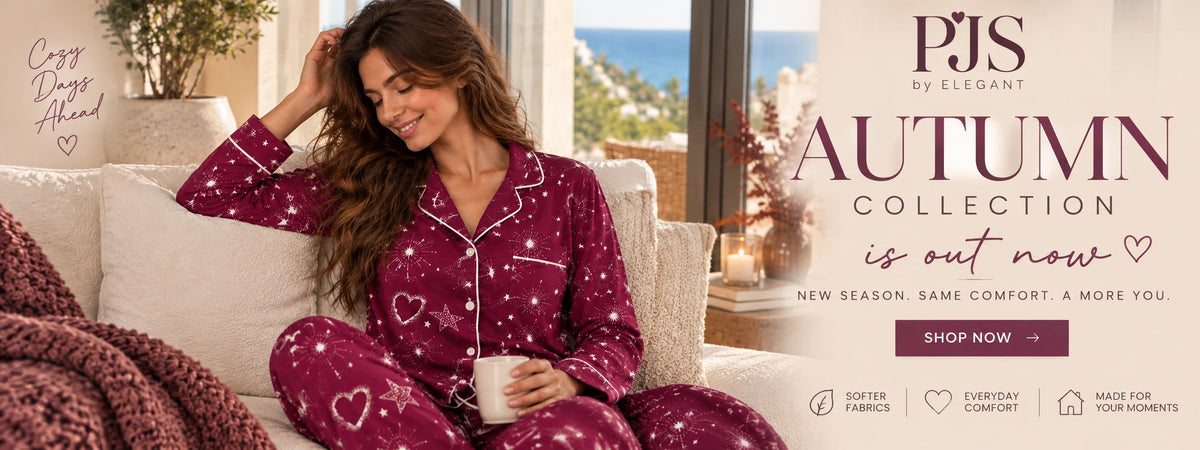 PJS by Elegant Autumn Collection out now. Model wearing the Plum Sparkle pajama set. Shop the Autumn collection.