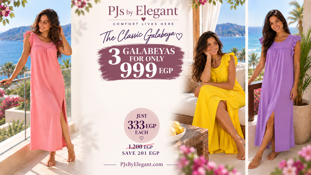PJs by Elegant: pink, yellow and lavender ruffle Galabeyas, three selected Galabeyas for 999 EGP.