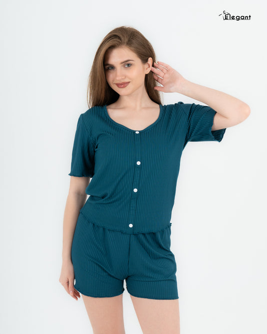 Ribbed PJ Shorts, Buttoned - Deep Teal