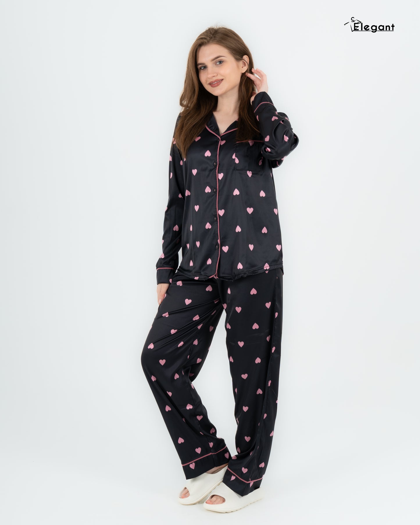 Satin Long sleeves Classic PJ Pants - Black Tender hearts