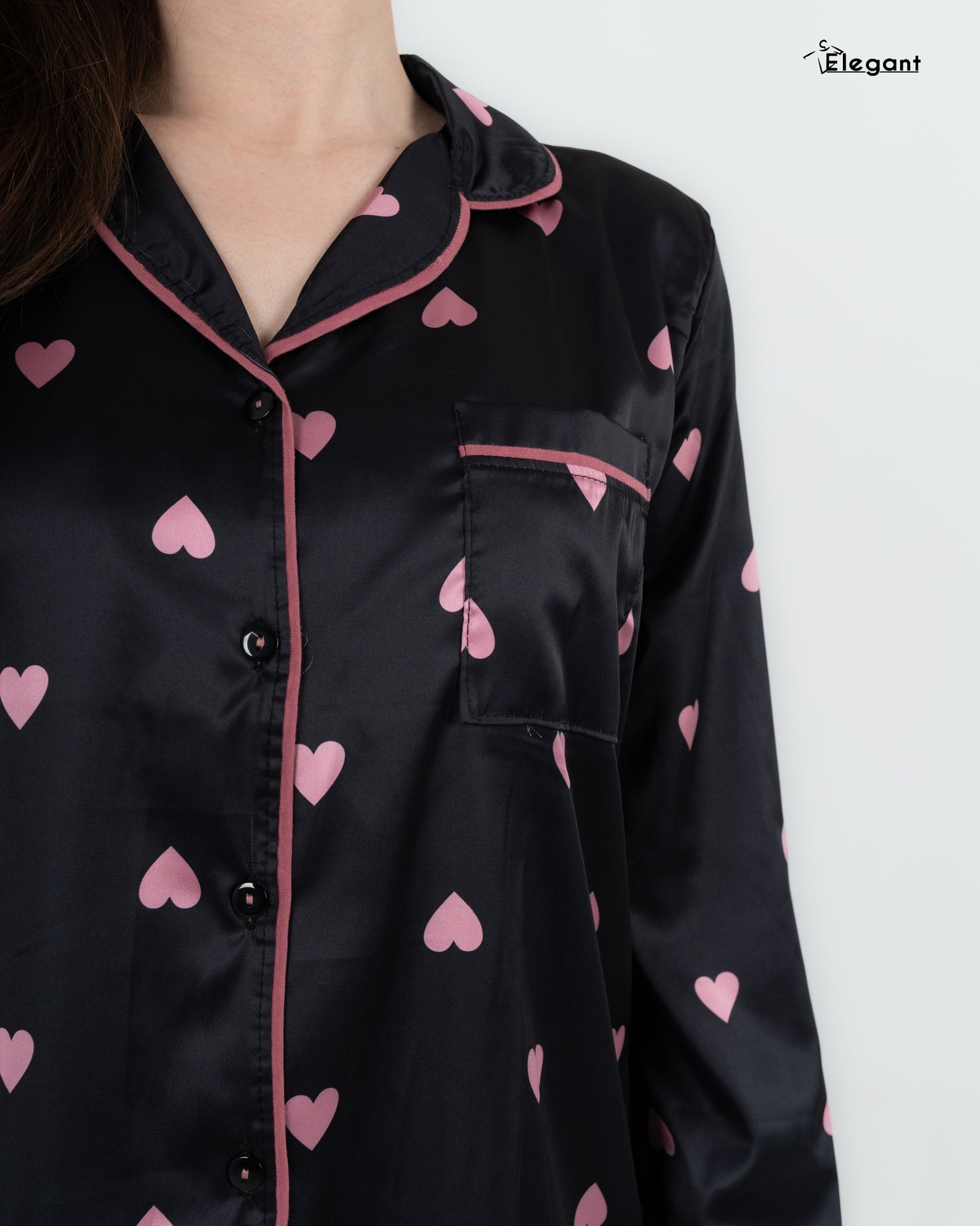 Satin Long sleeves Classic PJ Pants - Black Tender hearts