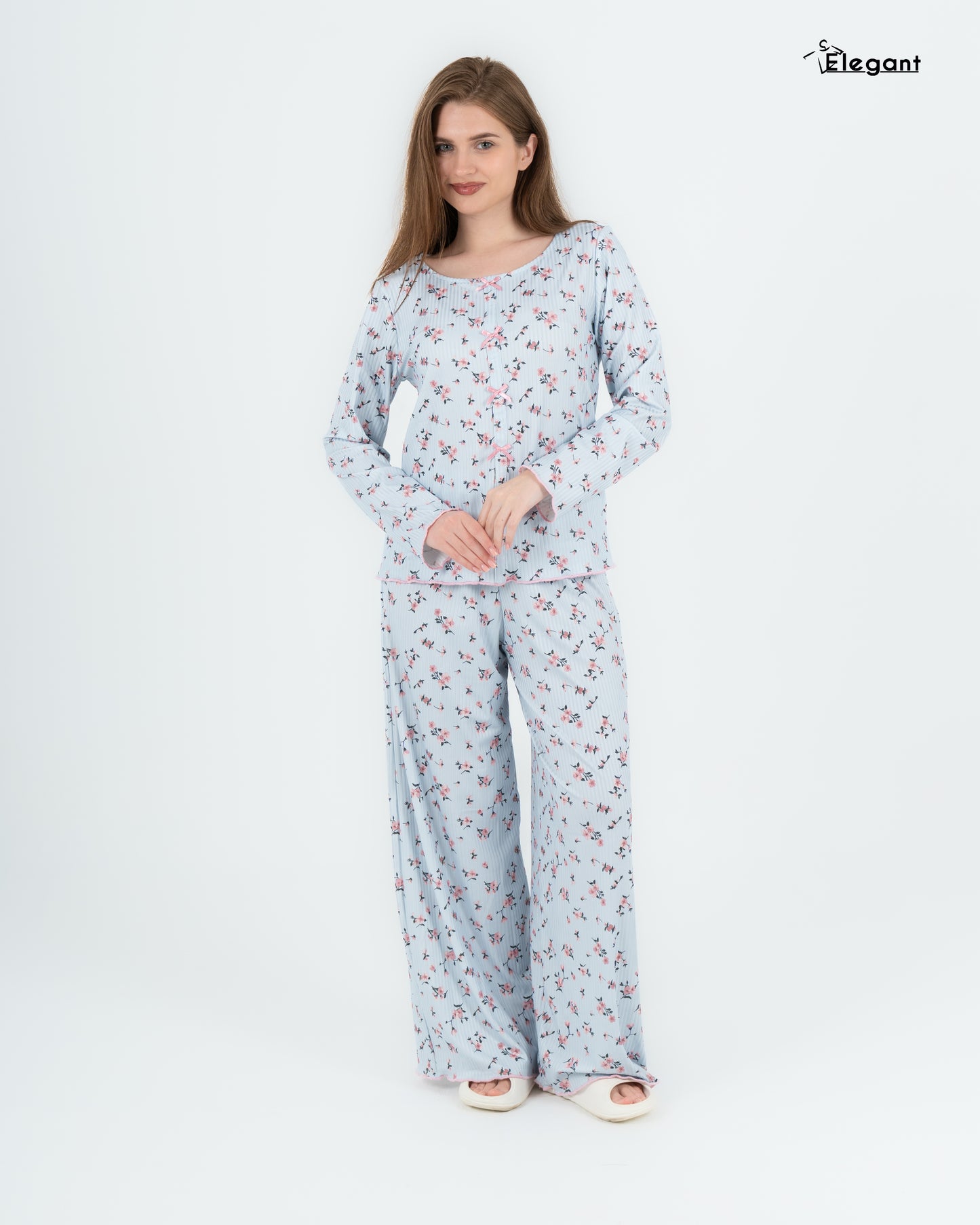 Ribbed Knot Front PJ LS Blue - Pink floral