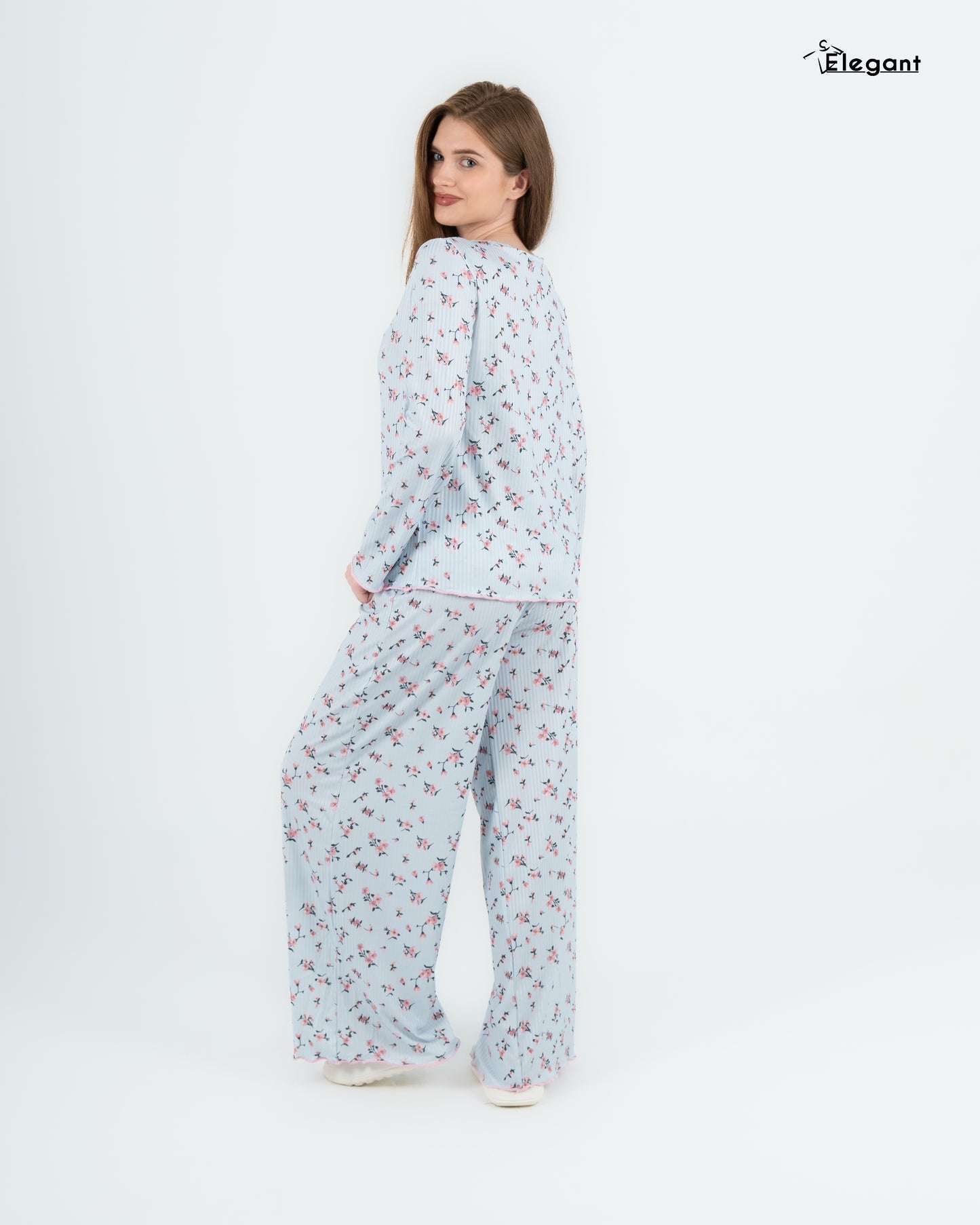 Ribbed Knot Front PJ LS Blue - Pink floral