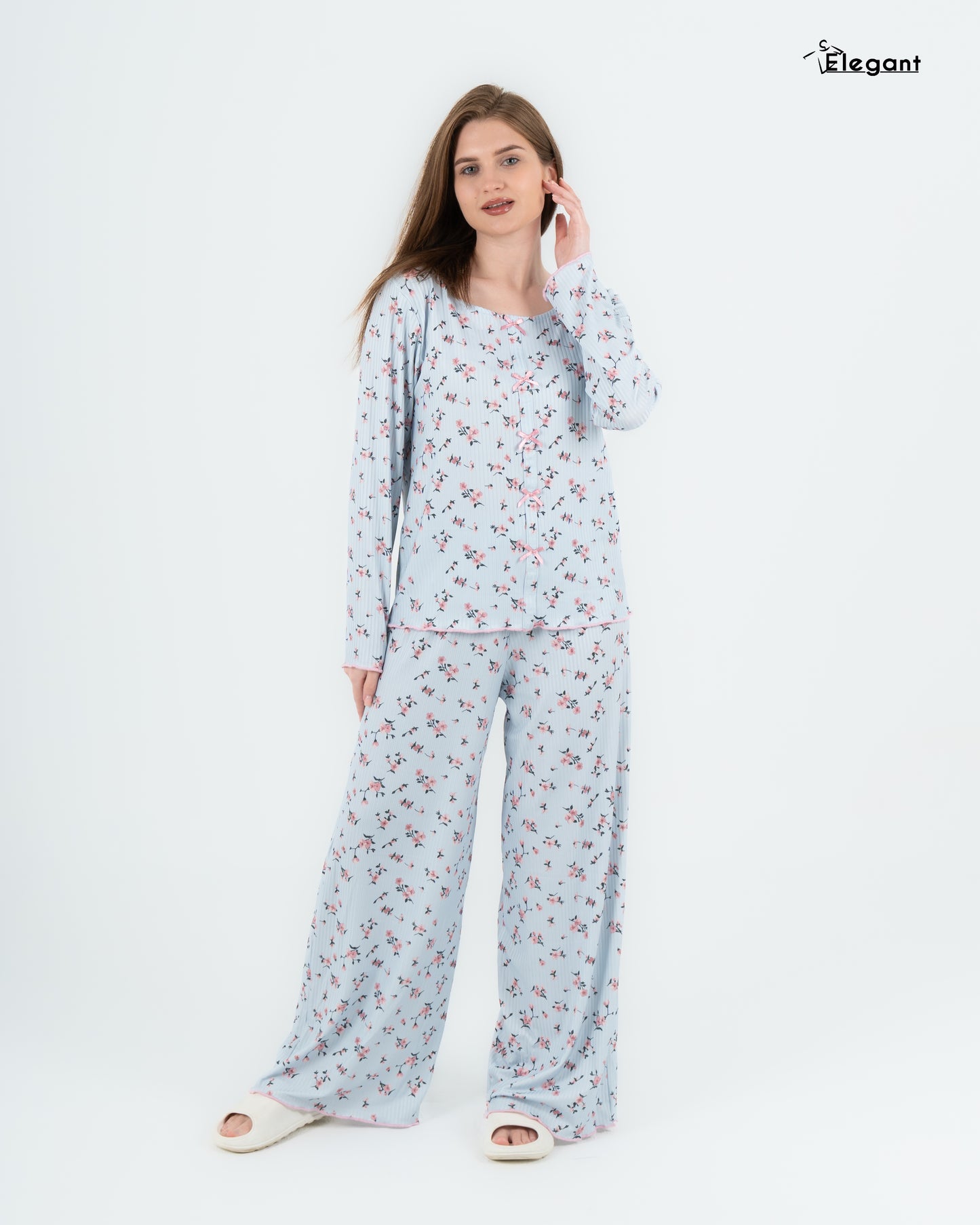 Ribbed Knot Front PJ LS Blue - Pink floral