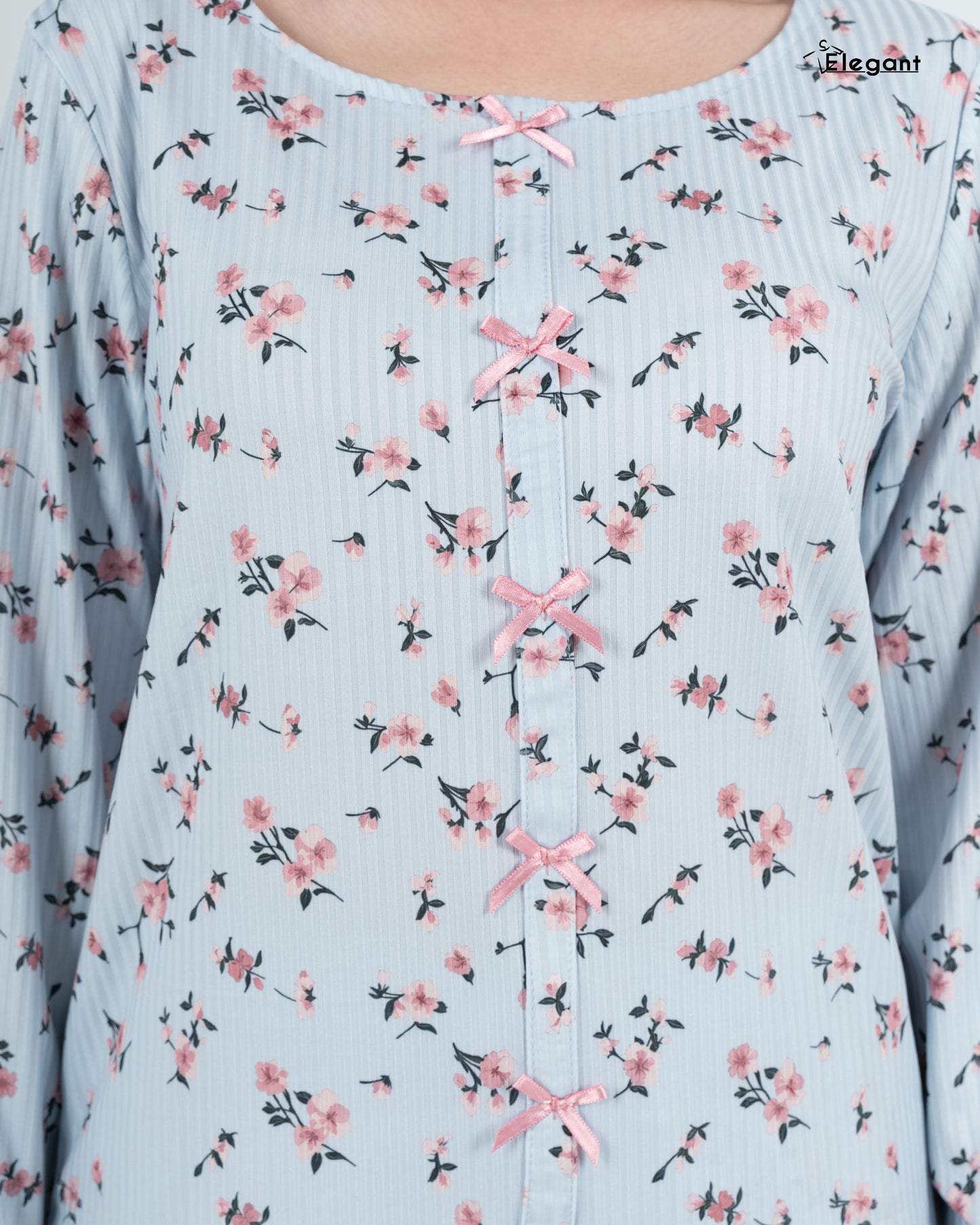 Ribbed Knot Front PJ LS Blue - Pink floral