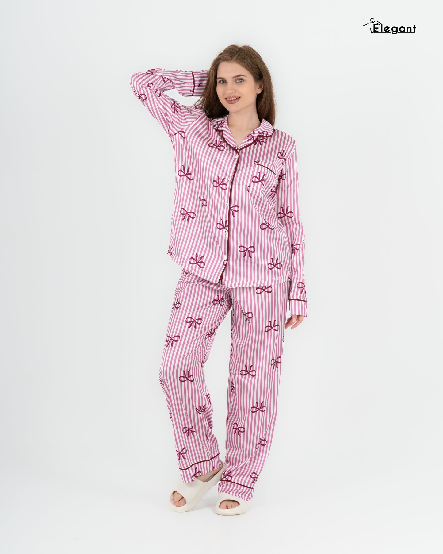 Satin Long sleeves Classic PJ Pants - Stripes Pink with bow print