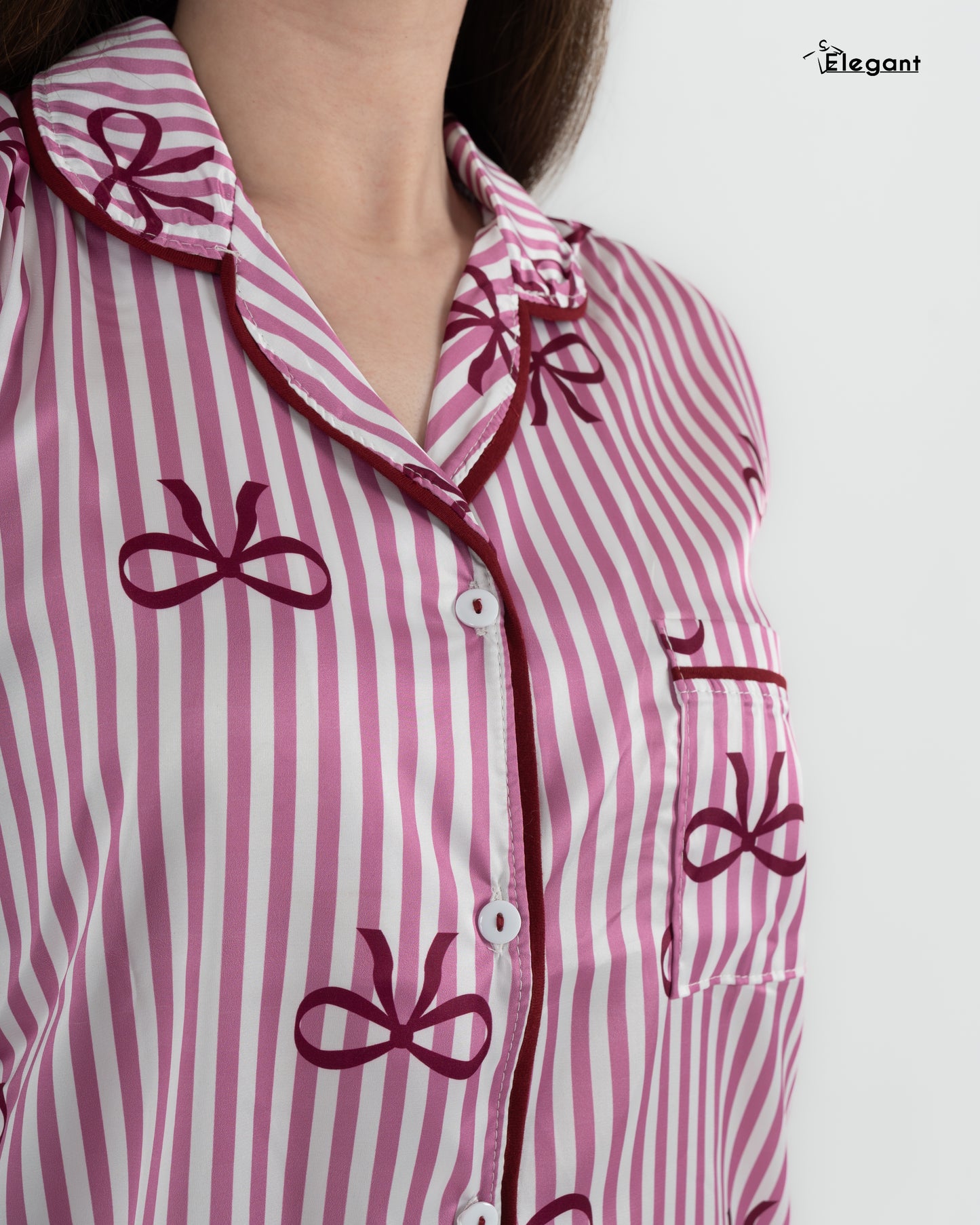 Satin Long sleeves Classic PJ Pants - Stripes Pink with bow print