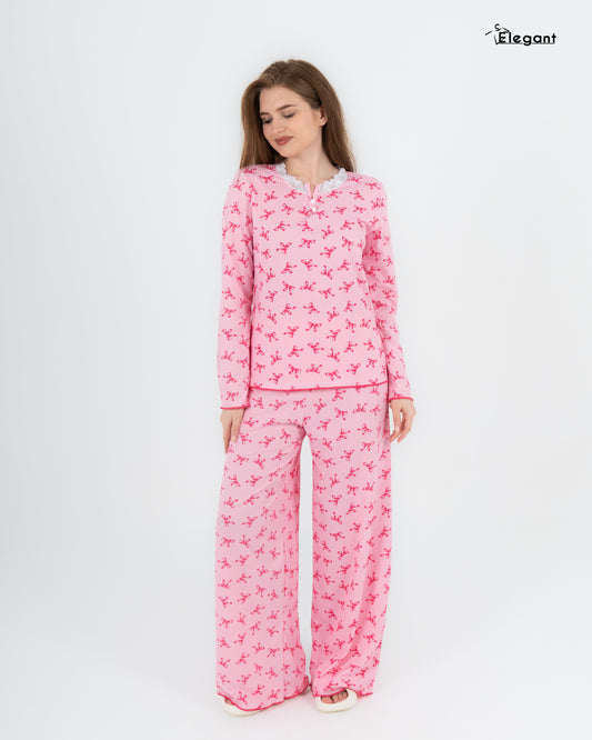 Ribbed V Neck PJ Pink - Bow