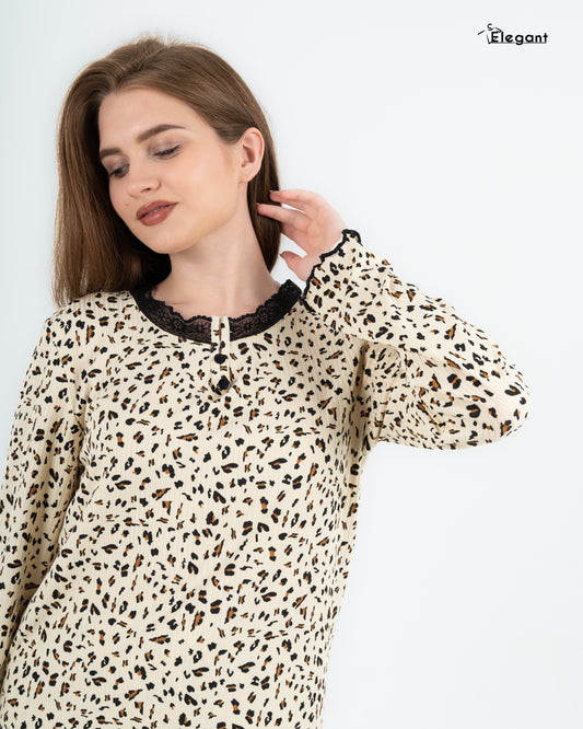 Ribbed V Neck PJ - Beige Tiger