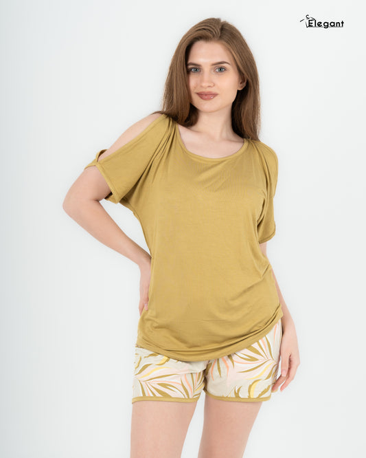 Viscose PJ Shorts, Shoulder Slit - Mustard
