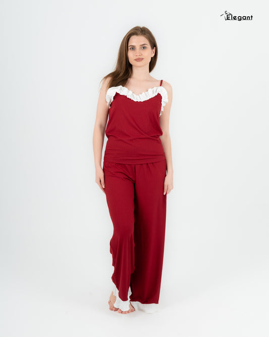 Straps Ribbed PJ Pants - Contrast ruffles - Ruby Red
