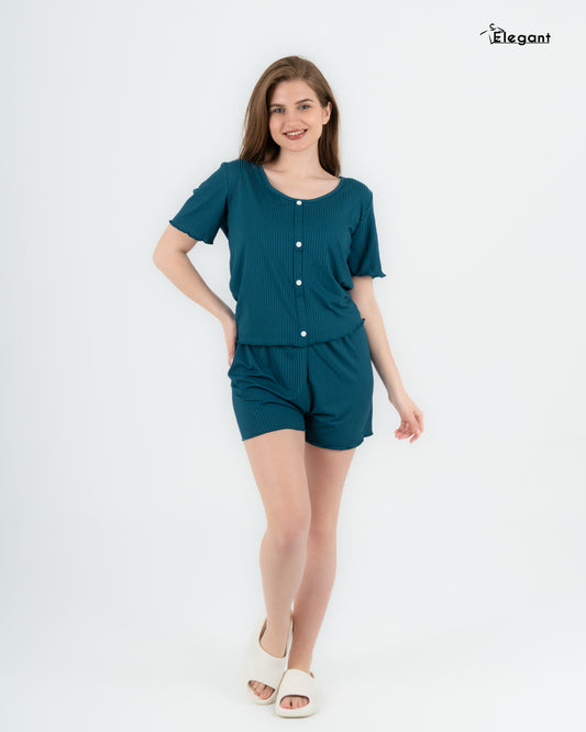 Ribbed PJ Shorts, Buttoned - Deep Teal