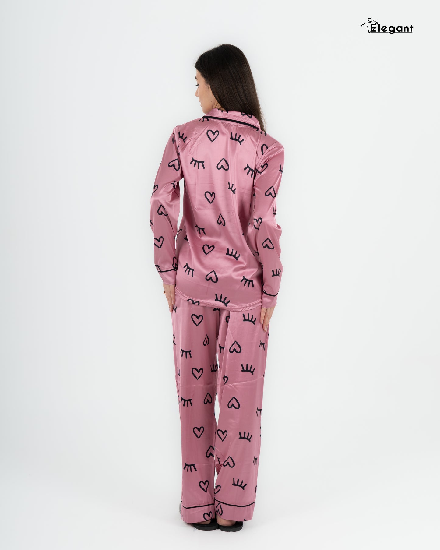 Satin Long sleeves Classic PJ Pants - Pink Winking Heart