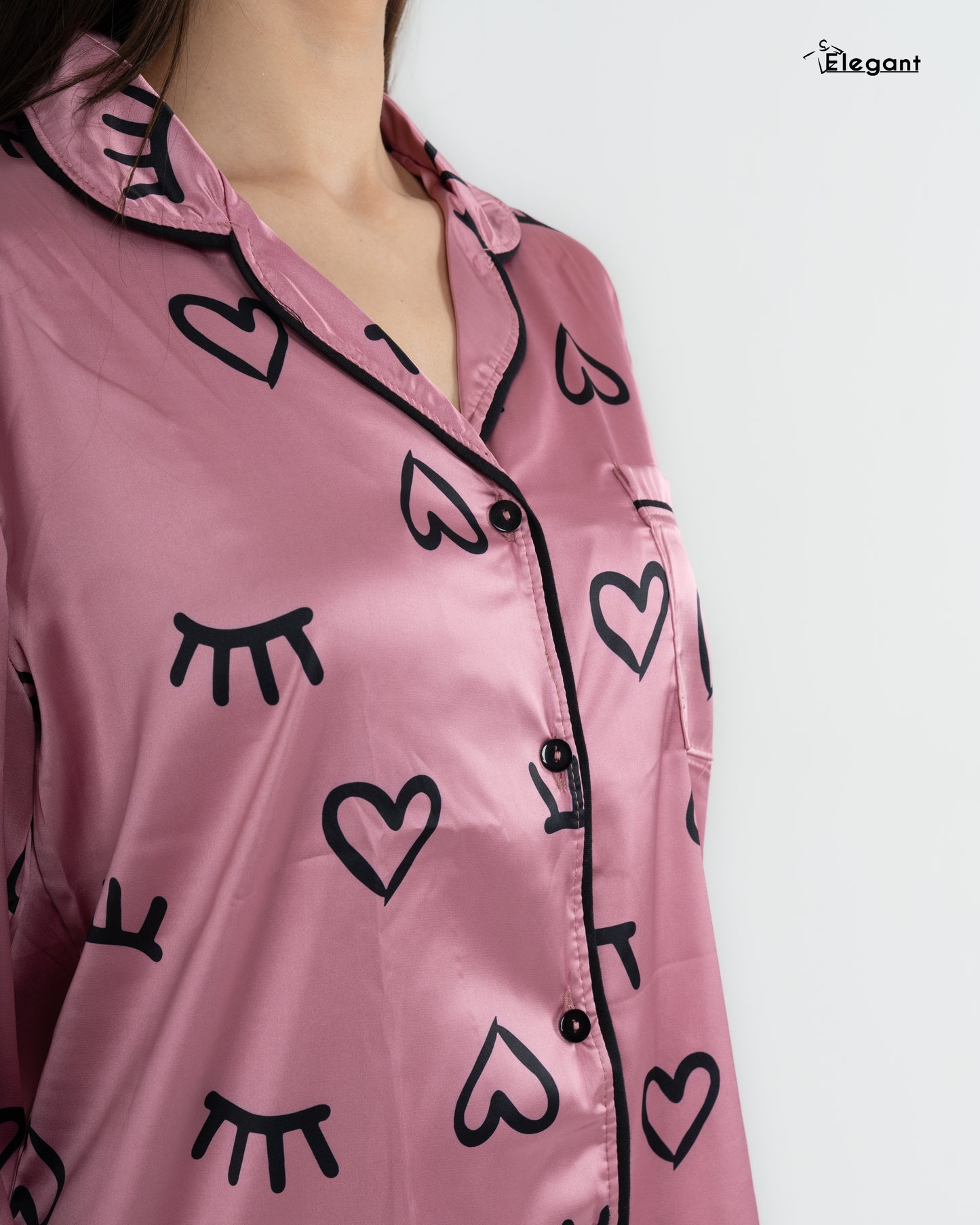Satin Long sleeves Classic PJ Pants - Pink Winking Heart