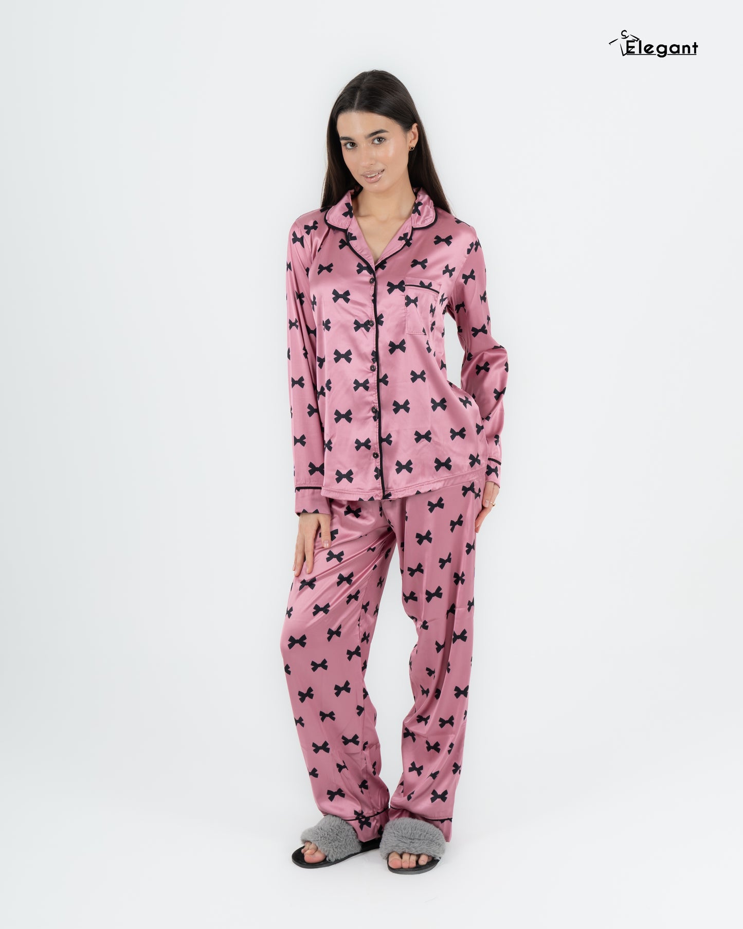 Satin Long sleeves Classic PJ Pants - Pink Bow Print