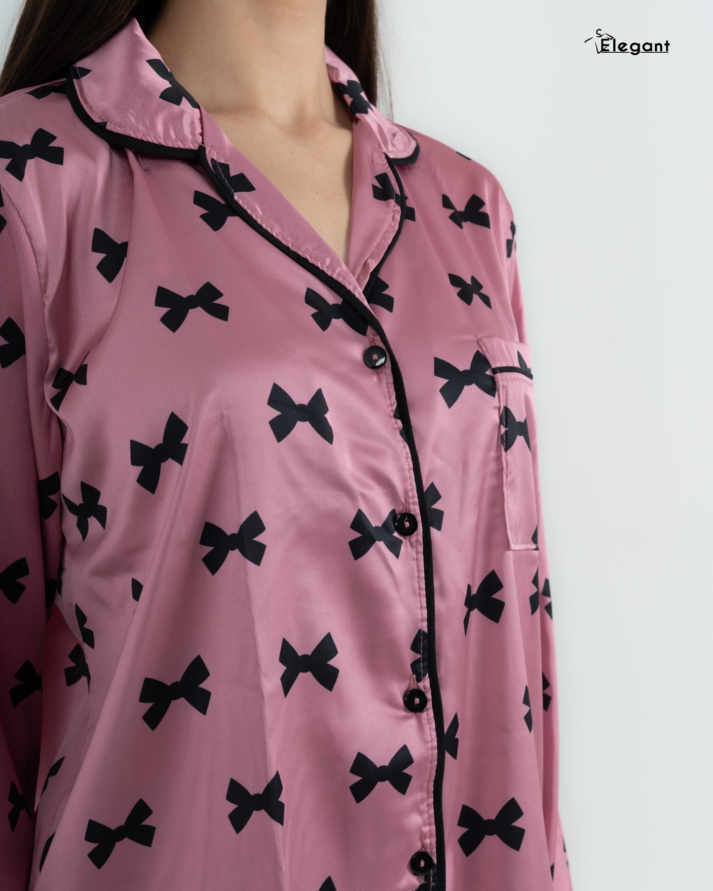 Satin Long sleeves Classic PJ Pants - Pink Bow Print